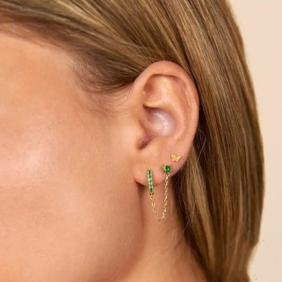 Green Double Piercing Pave Huggies w/ Chain Tassel Zirconia Pave Huggie Stud - Picture 7 of 7